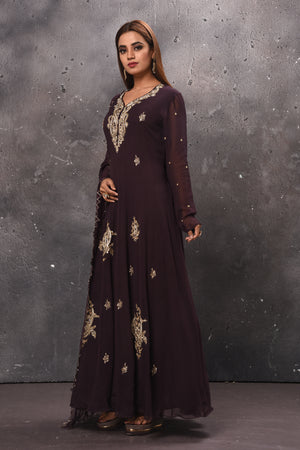Shop stunning coffee brown embroidered Anarkali suit online in USA with dupatta. Get set for weddings and festive occasions in exclusive designer Anarkali suits, wedding gown, salwar suits, gharara suits, Indowestern dresses from Pure Elegance Indian fashion store in USA.-side