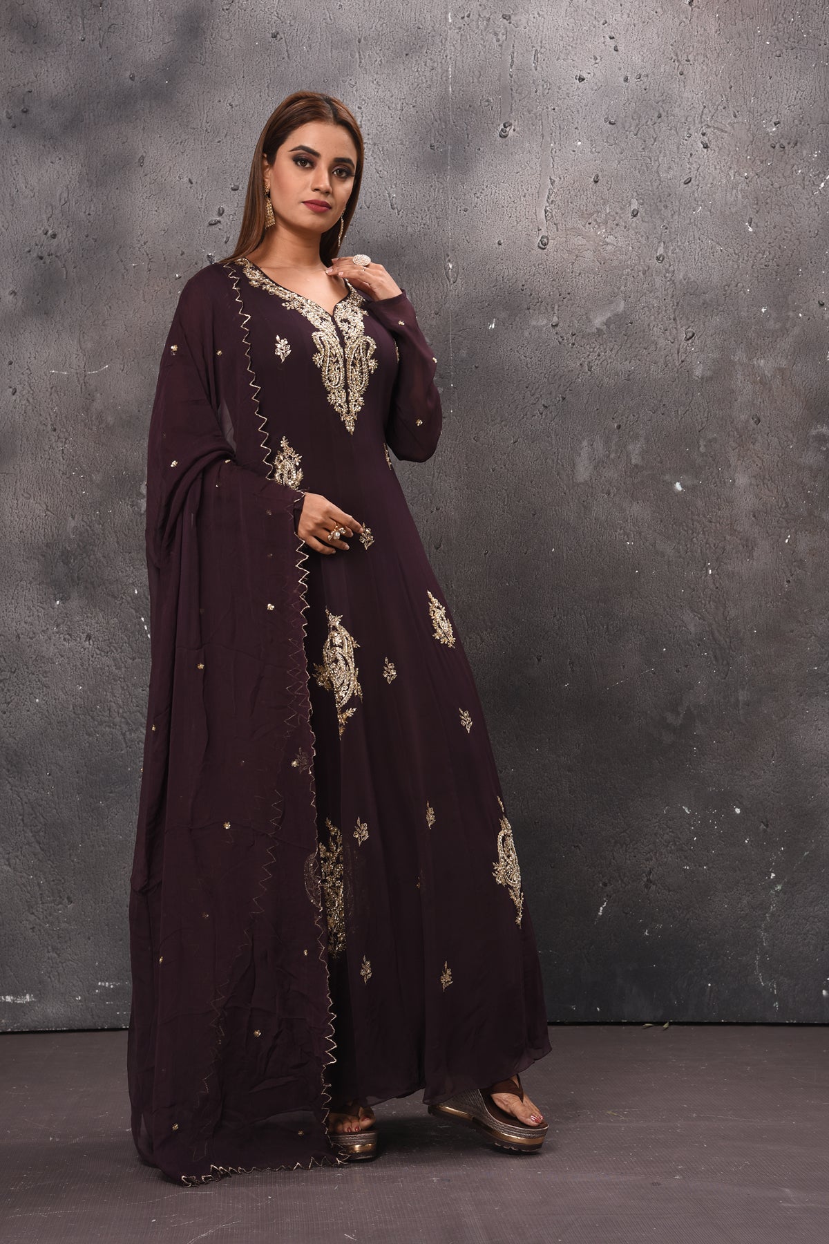 Shop stunning coffee brown embroidered Anarkali suit online in USA with dupatta. Get set for weddings and festive occasions in exclusive designer Anarkali suits, wedding gown, salwar suits, gharara suits, Indowestern dresses from Pure Elegance Indian fashion store in USA.-right