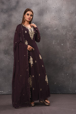 Shop stunning coffee brown embroidered Anarkali suit online in USA with dupatta. Get set for weddings and festive occasions in exclusive designer Anarkali suits, wedding gown, salwar suits, gharara suits, Indowestern dresses from Pure Elegance Indian fashion store in USA.-right