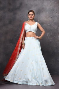 Buy stunning powder blue designer lehenga online in USA with red embroidered dupatta. Get set for weddings and festive occasions in exclusive designer Anarkali suits, wedding gown, salwar suits, gharara suits, Indowestern dresses from Pure Elegance Indian fashion store in USA.-full view
