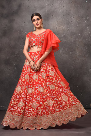 Buy beautiful red embroidered designer lehenga online in USA with fancy dupatta. Get set for weddings and festive occasions in exclusive designer Anarkali suits, wedding gown, salwar suits, gharara suits, Indowestern dresses from Pure Elegance Indian fashion store in USA.-front