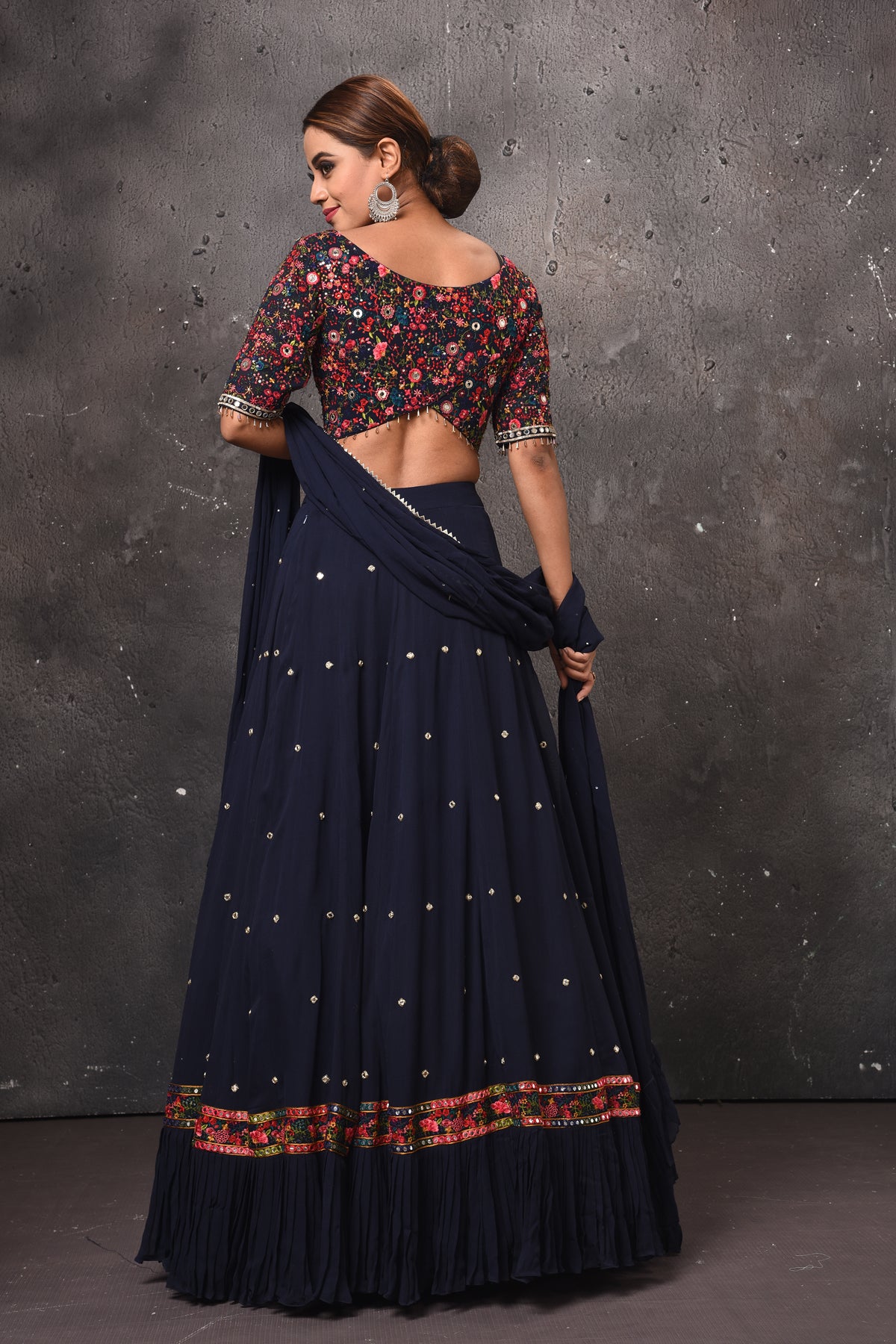 Buy beautiful navy blue and multicolor designer lehenga online in USA with dupatta. Get set for weddings and festive occasions in exclusive designer Anarkali suits, wedding gown, salwar suits, gharara suits, Indowestern dresses from Pure Elegance Indian fashion store in USA.-back
