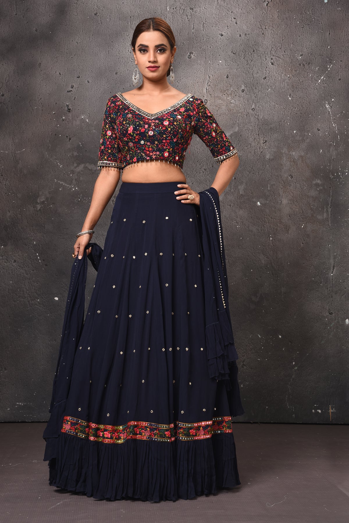 Buy beautiful navy blue and multicolor designer lehenga online in USA with dupatta. Get set for weddings and festive occasions in exclusive designer Anarkali suits, wedding gown, salwar suits, gharara suits, Indowestern dresses from Pure Elegance Indian fashion store in USA.-full view
