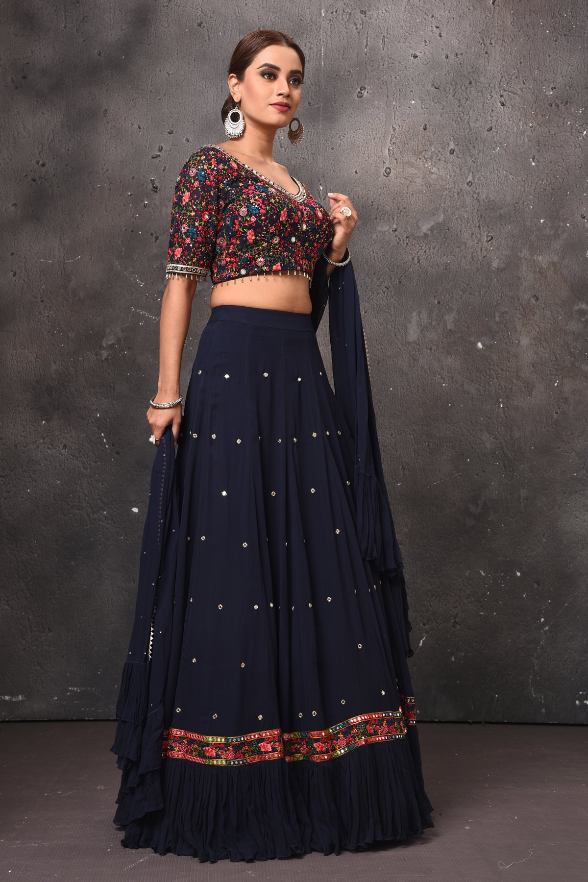 Buy beautiful navy blue and multicolor designer lehenga online in USA with dupatta. Get set for weddings and festive occasions in exclusive designer Anarkali suits, wedding gown, salwar suits, gharara suits, Indowestern dresses from Pure Elegance Indian fashion store in USA.-side
