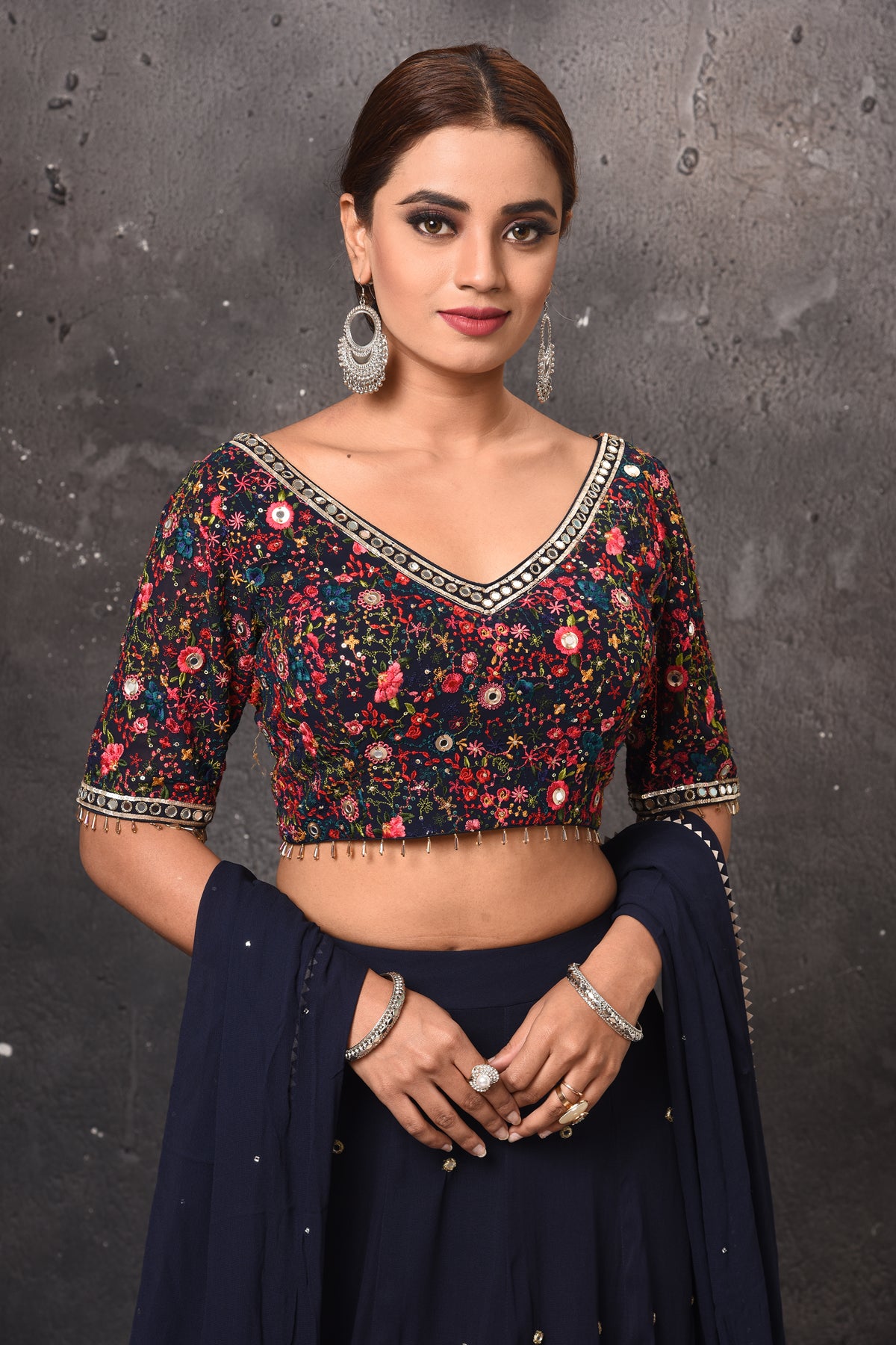 Buy beautiful navy blue and multicolor designer lehenga online in USA with dupatta. Get set for weddings and festive occasions in exclusive designer Anarkali suits, wedding gown, salwar suits, gharara suits, Indowestern dresses from Pure Elegance Indian fashion store in USA.-closeup