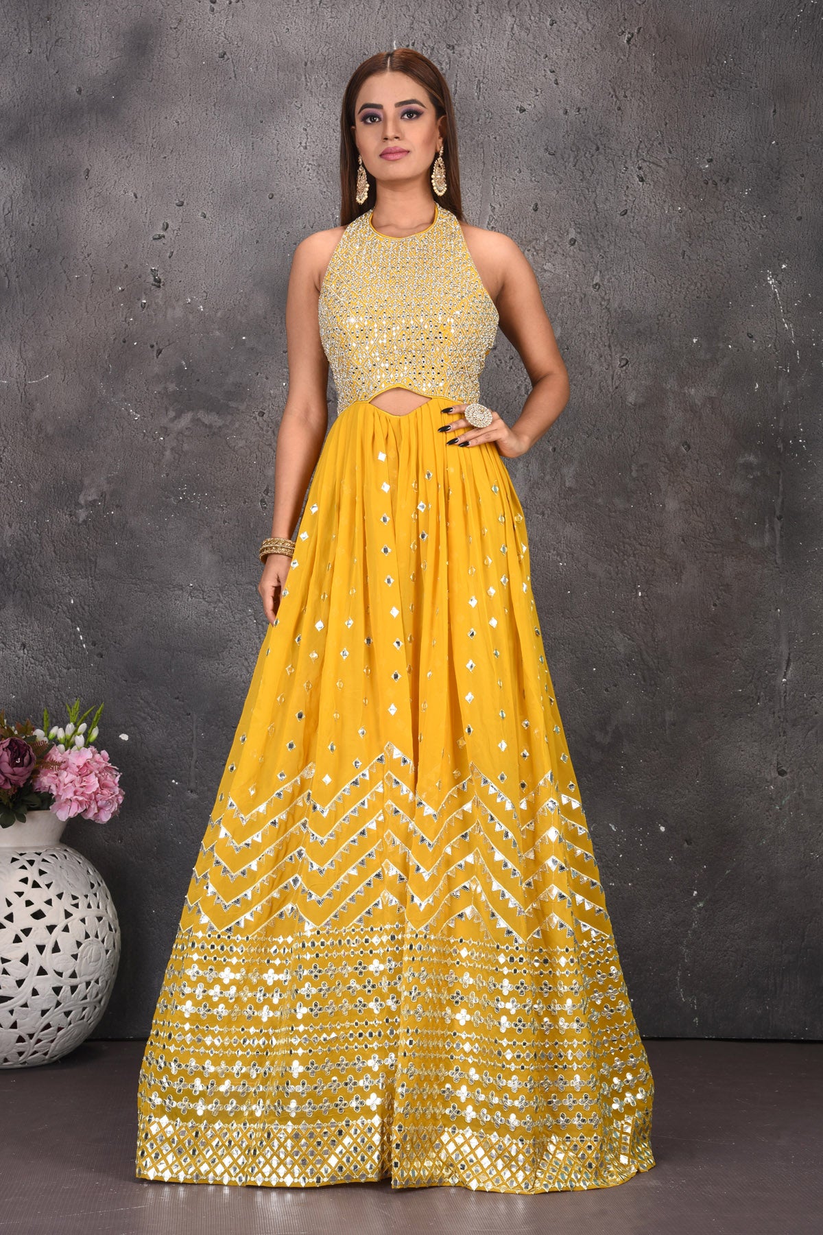 300630 Yellow Halter Neck Mirror Work Jumpsuit 300630 Yellow Halter Neck Mirror Work Jumpsuit