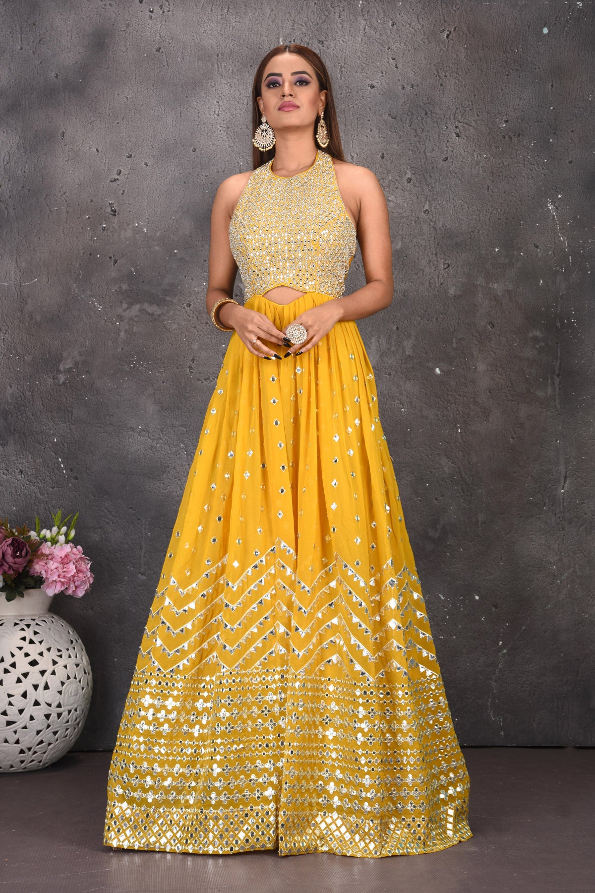 Shop beautiful yellow halter neck mirror embroidery jumpsuit online in USA. Look stylish at parties and wedding festivities in designer dresses, Indowestern outfits, Anarkali suits, wedding lehengas, palazzo suits, sharara suits from Pure Elegance Indian clothing store in USA.-full view