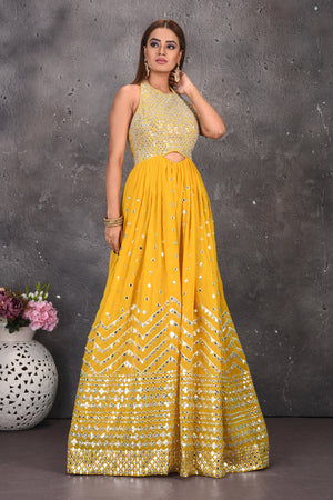 Buy stunning yellow halter neck mirror work jumpsuit online in USA. Look stylish at parties and wedding festivities in designer dresses, Indowestern outfits, Anarkali suits, wedding lehengas, palazzo suits, sharara suits from Pure Elegance Indian clothing store in USA.-side