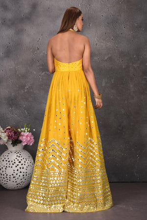 Shop Yellow Halter Neck Mirror Embroidery Jumpsuit Online in USA Shop Yellow Halter Neck Mirror Embroidery Jumpsuit Online in USA