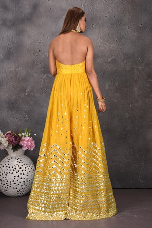 Buy stunning yellow halter neck mirror work jumpsuit online in USA. Look stylish at parties and wedding festivities in designer dresses, Indowestern outfits, Anarkali suits, wedding lehengas, palazzo suits, sharara suits from Pure Elegance Indian clothing store in USA.-back