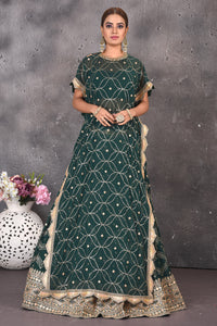 Buy stunning green embroidered skirt set online in USA with kaftaan blouse. Look stylish at parties and wedding festivities in designer dresses, Indowestern outfits, Anarkali suits, wedding lehengas, palazzo suits, sharara suits from Pure Elegance Indian clothing store in USA.-full view