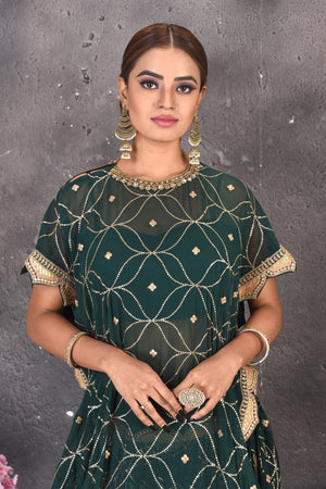 Buy stunning green embroidered skirt set online in USA with kaftaan blouse. Look stylish at parties and wedding festivities in designer dresses, Indowestern outfits, Anarkali suits, wedding lehengas, palazzo suits, sharara suits from Pure Elegance Indian clothing store in USA.-closeup