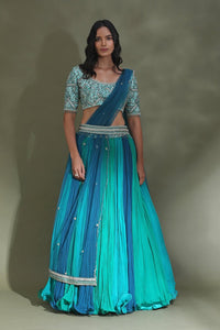 Shop stunning sea green and blue belted designer lehenga online in USA. Look your best at weddings and parties in Indian dresses, designer lehengas, Anarkali suits, designer gowns, salwar suits, sharara suits from Pure Elegance Indian fashion store in USA.-full view