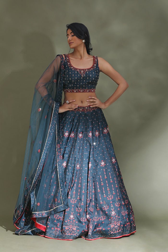 Shop beautiful dark grey printed and embroidered designer lehenga online in USA. Look your best at weddings and parties in Indian dresses, designer lehengas, Anarkali suits, designer gowns, salwar suits, sharara suits from Pure Elegance Indian fashion store in USA.-full view