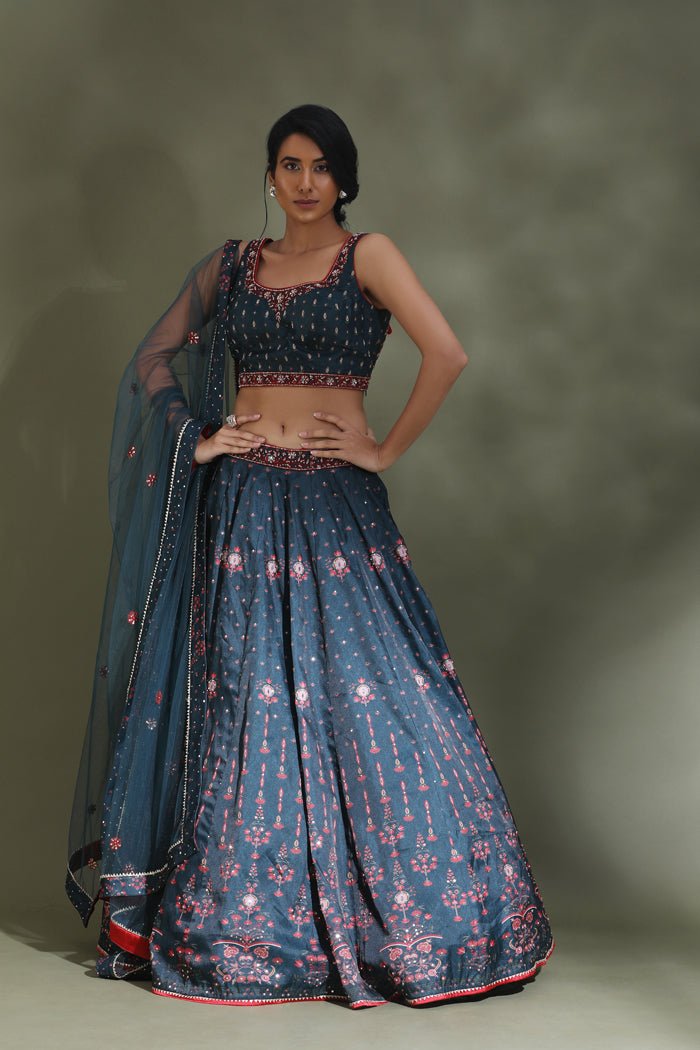 Shop beautiful dark grey printed and embroidered designer lehenga online in USA. Look your best at weddings and parties in Indian dresses, designer lehengas, Anarkali suits, designer gowns, salwar suits, sharara suits from Pure Elegance Indian fashion store in USA.-front