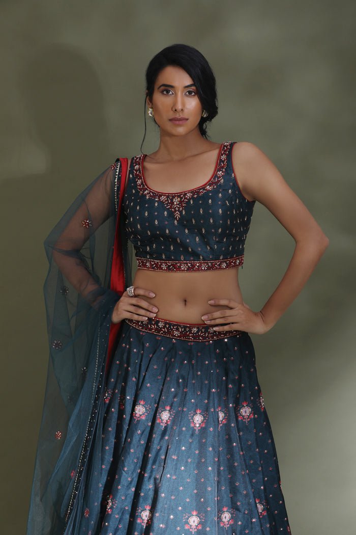 Shop beautiful dark grey printed and embroidered designer lehenga online in USA. Look your best at weddings and parties in Indian dresses, designer lehengas, Anarkali suits, designer gowns, salwar suits, sharara suits from Pure Elegance Indian fashion store in USA.-closeup