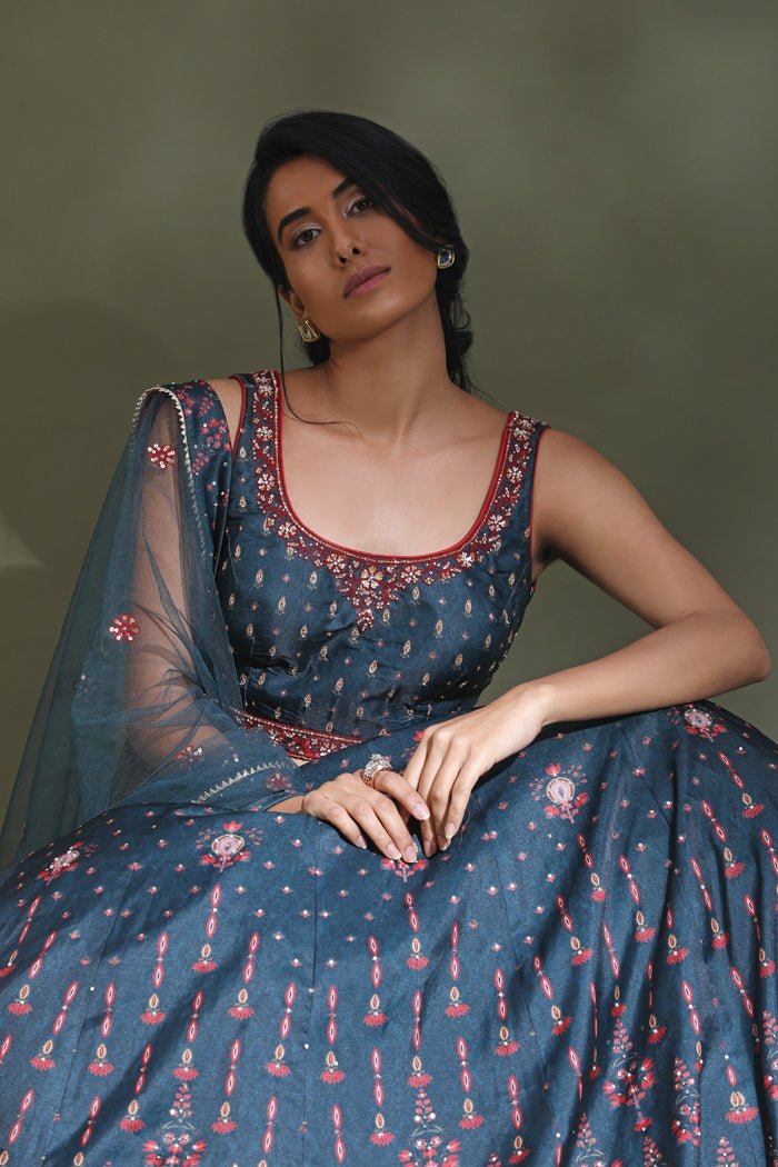 Shop Dark Grey Printed and Embroidered Designer Lehenga Online in USA Pure Elegance Shop Dark Grey Printed and Embroidered Designer Lehenga Online in USA Pure Elegance