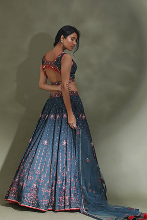 Shop beautiful dark grey printed and embroidered designer lehenga online in USA. Look your best at weddings and parties in Indian dresses, designer lehengas, Anarkali suits, designer gowns, salwar suits, sharara suits from Pure Elegance Indian fashion store in USA.-back