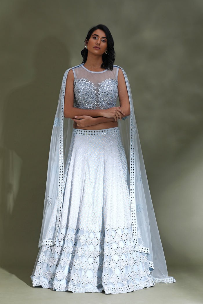 Buy beautiful powder blue embroidered lehenga online in USA with dupatta. Look your best at weddings and parties in Indian dresses, designer lehengas, Anarkali suits, designer gowns, salwar suits, sharara suits from Pure Elegance Indian fashion store in USA.-full view