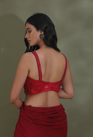 Shop beautiful blood red belted ruffle saree online in USA with designer blouse. Look your best at weddings and parties in Indian dresses, designer lehengas, Anarkali suits, designer gowns, salwar suits, sharara suits from Pure Elegance Indian fashion store in USA.-back