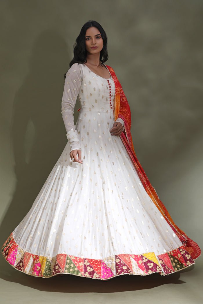 Floor Length Anarkali Suit White Indian Heavy Designer White And Golden Anarkali Gown With Jacket Floor Length Anarkali Suit White Indian Heavy Designer White And Golden Anarkali Gown With Jacket