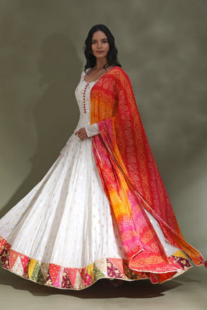 Buy beautiful white floorlength Anarkali suit online in USA with multicolor border. Look your best at weddings and parties in Indian dresses, designer lehengas, Anarkali suits, designer gowns, salwar suits, sharara suits from Pure Elegance Indian fashion store in USA.-dupatta