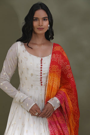 Buy beautiful white floorlength Anarkali suit online in USA with multicolor border. Look your best at weddings and parties in Indian dresses, designer lehengas, Anarkali suits, designer gowns, salwar suits, sharara suits from Pure Elegance Indian fashion store in USA.-closeup