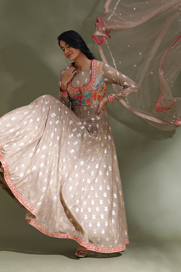 Buy stunning beige Anarkali suit online in USA with embroidered multicolor jacket. Look your best at weddings and parties in Indian dresses, designer lehengas, Anarkali suits, designer gowns, salwar suits, sharara suits from Pure Elegance Indian fashion store in USA.-full view