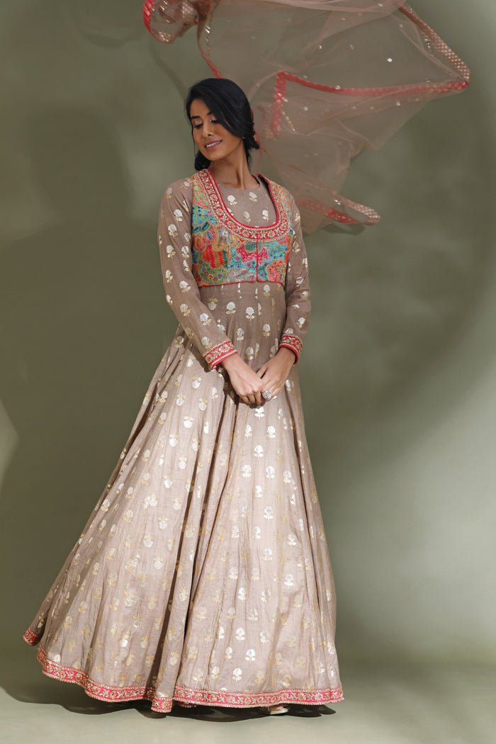 Buy stunning beige Anarkali suit online in USA with embroidered multicolor jacket. Look your best at weddings and parties in Indian dresses, designer lehengas, Anarkali suits, designer gowns, salwar suits, sharara suits from Pure Elegance Indian fashion store in USA.-jacket
