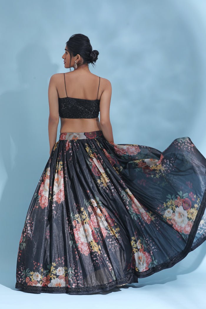 Buy stunning black floral lehenga online in USA with sequin blouse and dupatta. Look your best at weddings and parties in Indian dresses, designer lehengas, Anarkali suits, designer gowns, salwar suits, sharara suits from Pure Elegance Indian fashion store in USA.-back