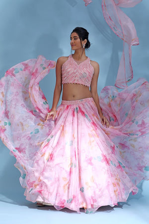 Buy beautiful light pink floral designer lehenga online in USA with dupatta. Look your best at weddings and parties in Indian dresses, designer lehengas, Anarkali suits, designer gowns, salwar suits, sharara suits from Pure Elegance Indian fashion store in USA.-dupatta