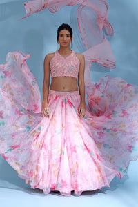 Buy beautiful light pink floral designer lehenga online in USA with dupatta. Look your best at weddings and parties in Indian dresses, designer lehengas, Anarkali suits, designer gowns, salwar suits, sharara suits from Pure Elegance Indian fashion store in USA.-full view