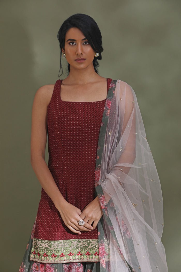 Buy beautiful maroon and grey floral embroidered sharara suit online in USA with dupatta. Look your best at weddings and parties in Indian dresses, designer lehengas, Anarkali suits, designer gowns, salwar suits, sharara suits from Pure Elegance Indian fashion store in USA.-closeup