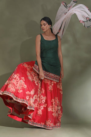 Shop beautiful green and red floral embroidered sharara suit online in USA with dupatta. Look your best at weddings and parties in Indian dresses, designer lehengas, Anarkali suits, designer gowns, salwar suits, sharara suits from Pure Elegance Indian fashion store in USA.-sharara