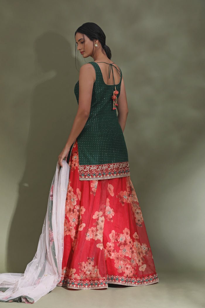 Shop beautiful green and red floral embroidered sharara suit online in USA with dupatta. Look your best at weddings and parties in Indian dresses, designer lehengas, Anarkali suits, designer gowns, salwar suits, sharara suits from Pure Elegance Indian fashion store in USA.-back