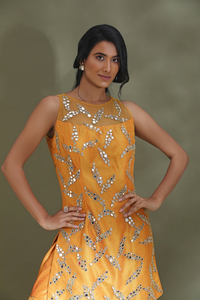 Buy stunning yellow embroidered gharara suit online in USA with dupatta. Look your best at weddings and parties in Indian dresses, designer lehengas, Anarkali suits, designer gowns, salwar suits, sharara suits from Pure Elegance Indian fashion store in USA.-closeup