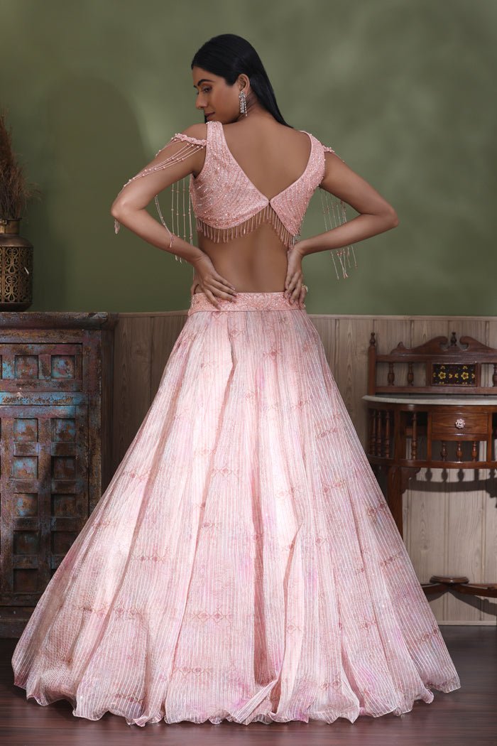 Shop Powder Pink Designer Lehenga Online in USA with Ruffle Dupatta Pure Elegance Shop Powder Pink Designer Lehenga Online in USA with Ruffle Dupatta Pure Elegance