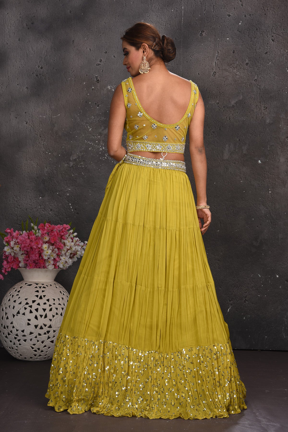 Shop beautiful pista green mirror work lehenga online in USA with dupatta. Look your best at weddings and special occasions in exclusive designer lehengas, Anarkali suits, sharara suits. designer gowns and Indian dresses from Pure Elegance Indian fashion store in USA.-back
