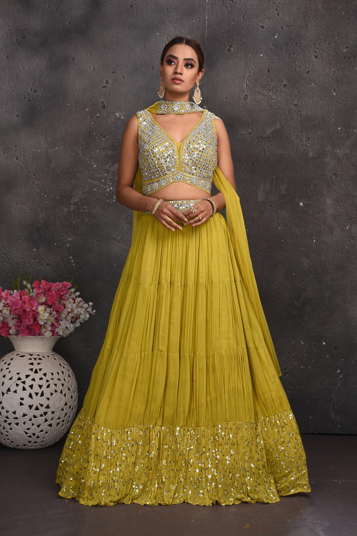 Shop beautiful pista green mirror work lehenga online in USA with dupatta. Look your best at weddings and special occasions in exclusive designer lehengas, Anarkali suits, sharara suits. designer gowns and Indian dresses from Pure Elegance Indian fashion store in USA.-full view