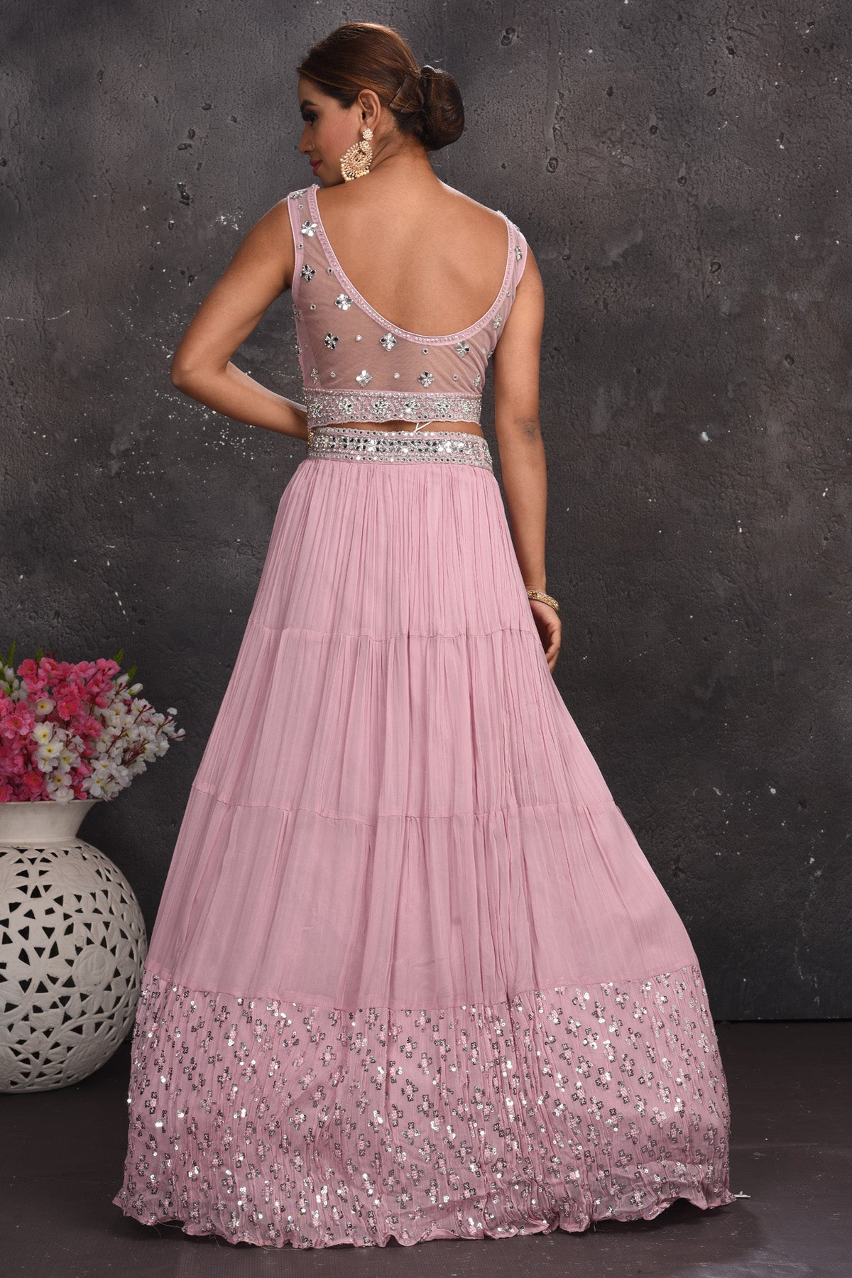 Buy stunning powder pink mirror work lehenga online in USA with dupatta. Look your best at weddings and special occasions in exclusive designer lehengas, Anarkali suits, sharara suits. designer gowns and Indian dresses from Pure Elegance Indian fashion store in USA.-back
