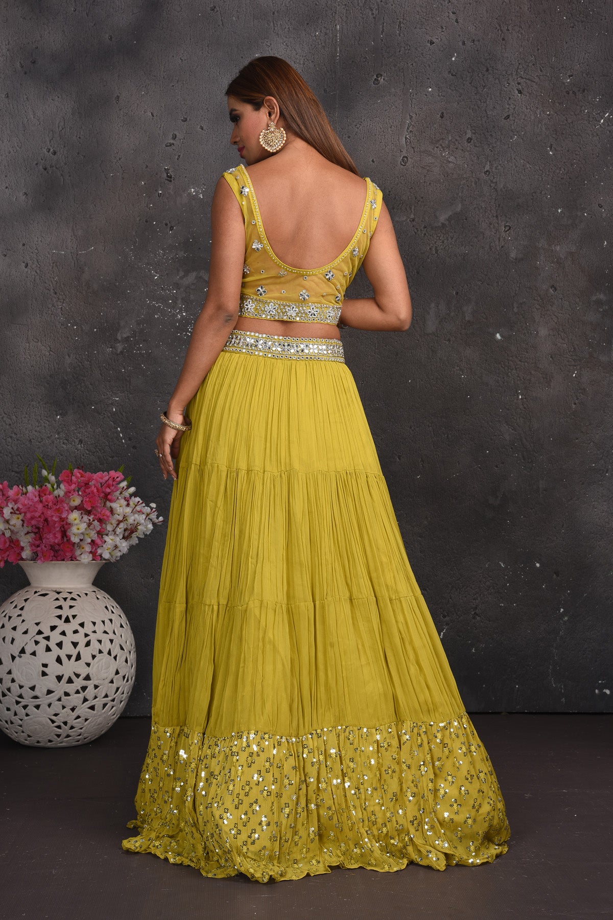 Shop stunning green mirror work lehenga online in USA with dupatta. Look your best at weddings and special occasions in exclusive designer lehengas, Anarkali suits, sharara suits. designer gowns and Indian dresses from Pure Elegance Indian fashion store in USA.-back
