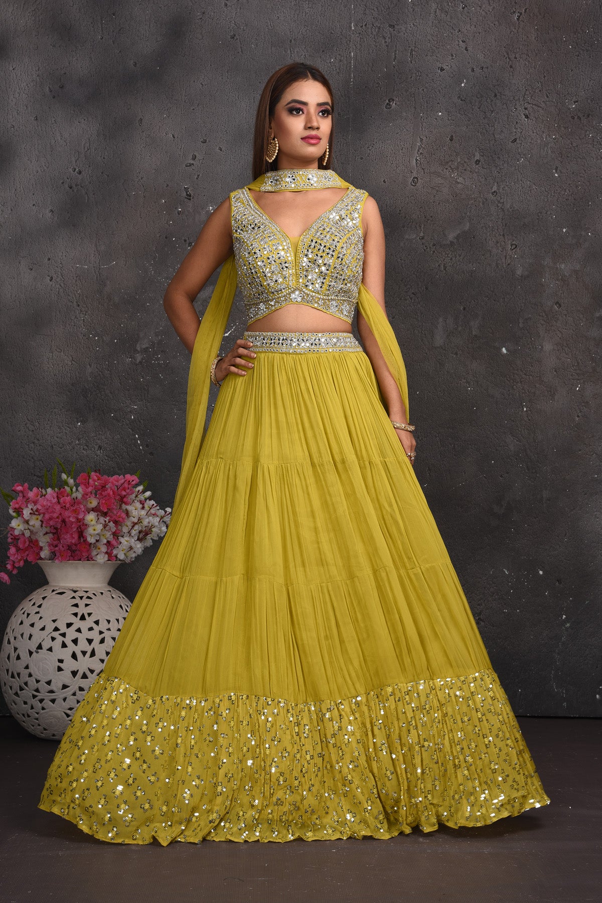Shop stunning green mirror work lehenga online in USA with dupatta. Look your best at weddings and special occasions in exclusive designer lehengas, Anarkali suits, sharara suits. designer gowns and Indian dresses from Pure Elegance Indian fashion store in USA.-full view
