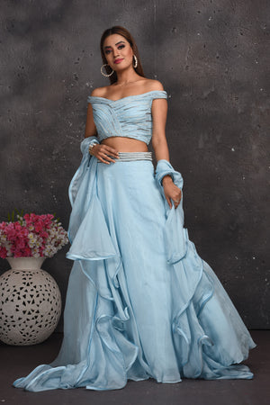 Buy beautiful powder blue off-shoulder lehenga online in USA with ruffle dupatta. Look your best at weddings and special occasions in exclusive designer lehengas, Anarkali suits, sharara suits. designer gowns and Indian dresses from Pure Elegance Indian fashion store in USA.-dupatta