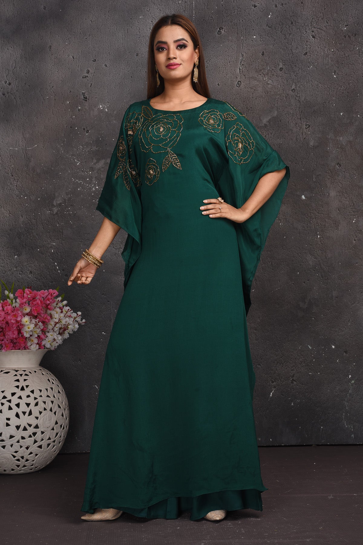 Shop stunning dark green kaftaan gown online in USA. Look your best at weddings and special occasions in exclusive designer lehengas, Anarkali suits, sharara suits. designer gowns and Indian dresses from Pure Elegance Indian fashion store in USA.-full view