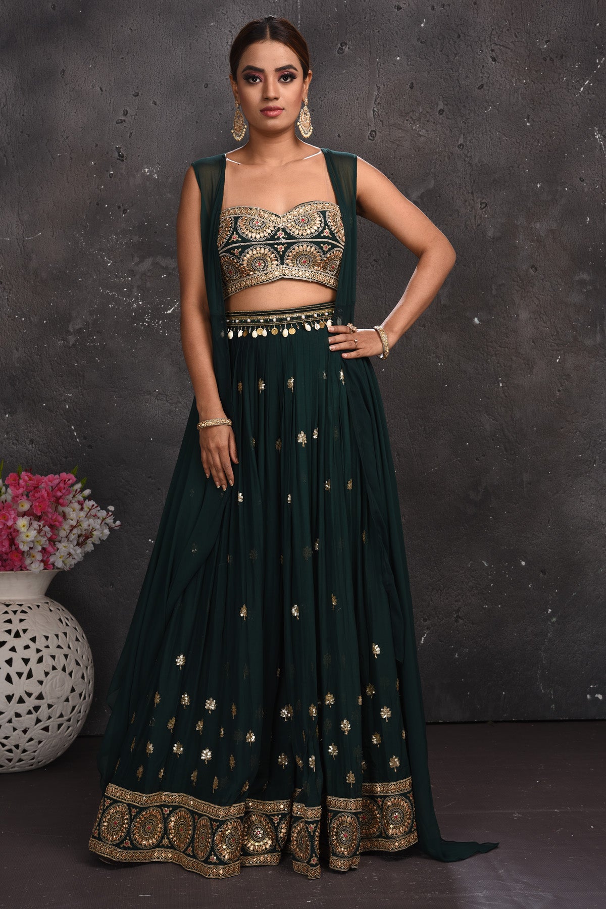Shop beautiful dark green embroidered palazzo crop top online in USA with longline shrug. Look your best at weddings and special occasions in exclusive designer lehengas, Anarkali suits, sharara suits. designer gowns and Indian dresses from Pure Elegance Indian fashion store in USA.-full view