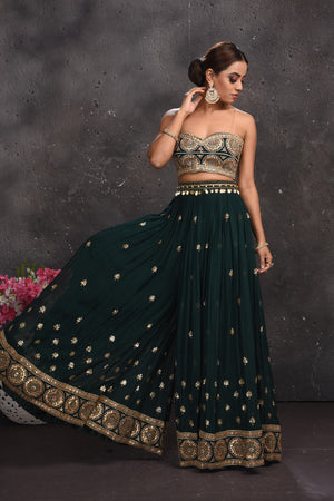 Shop beautiful dark green embroidered palazzo crop top online in USA with longline shrug. Look your best at weddings and special occasions in exclusive designer lehengas, Anarkali suits, sharara suits. designer gowns and Indian dresses from Pure Elegance Indian fashion store in USA.-skirt