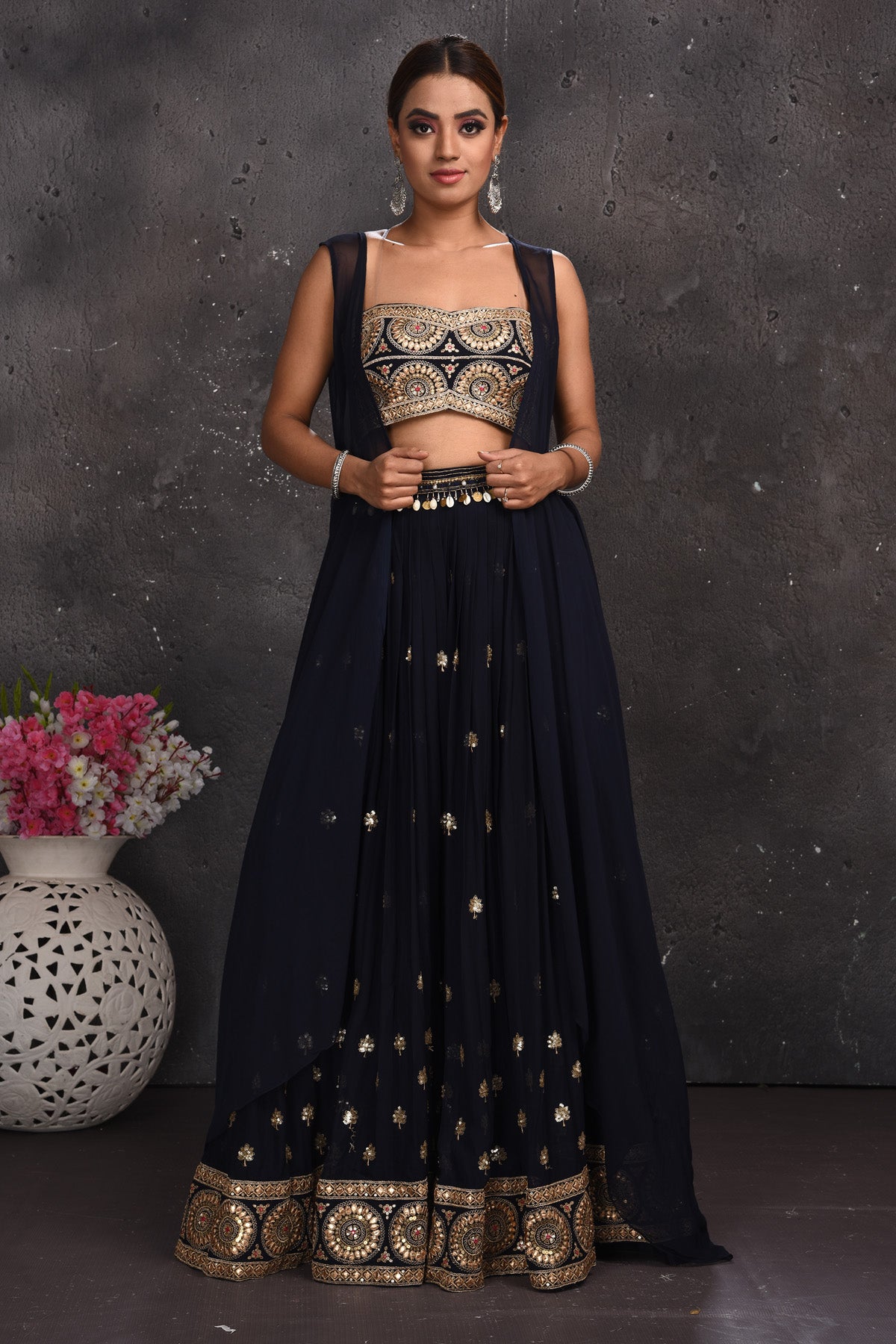 Buy stunning navy blue embroidered palazzo crop top online in USA with longline shrug. Look your best at weddings and special occasions in exclusive designer lehengas, Anarkali suits, sharara suits. designer gowns and Indian dresses from Pure Elegance Indian fashion store in USA.-full view