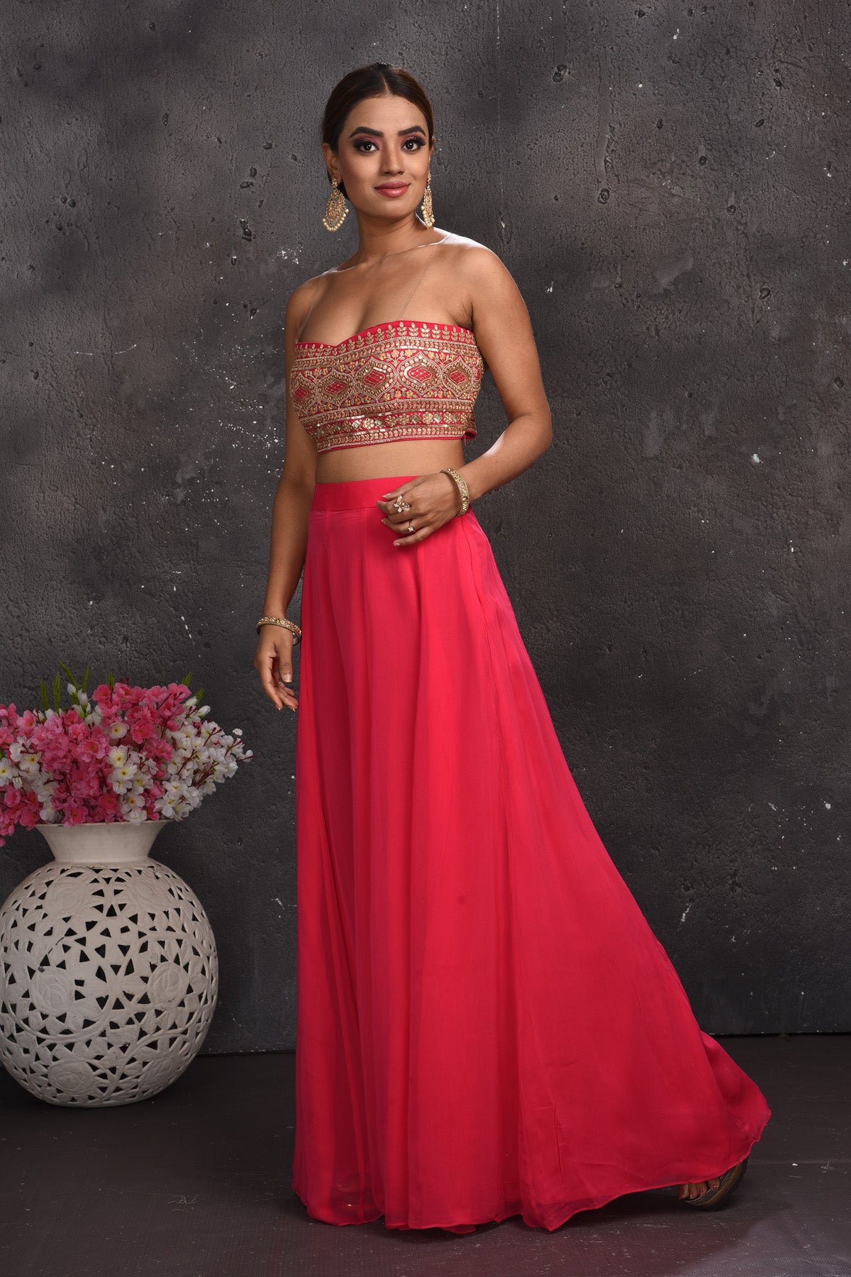 Shop beautiful pink embroidered palazzo crop top online in USA with longline shrug. Look your best at weddings and special occasions in exclusive designer lehengas, Anarkali suits, sharara suits. designer gowns and Indian dresses from Pure Elegance Indian fashion store in USA.-palazzo
