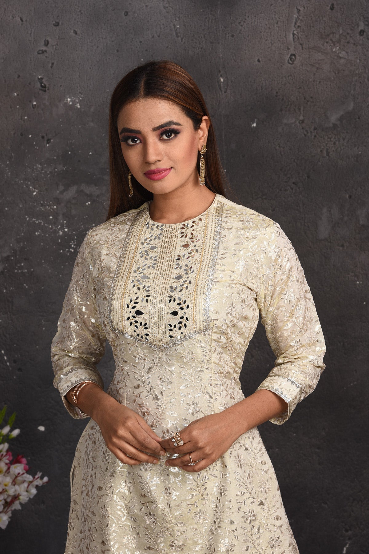 Shop gorgeous off-white embroidered gharara suit online in USA with yellow dupatta. Look your best at weddings and special occasions in exclusive designer lehengas, Anarkali suits, sharara suits. designer gowns and Indian dresses from Pure Elegance Indian fashion store in USA.-closeup