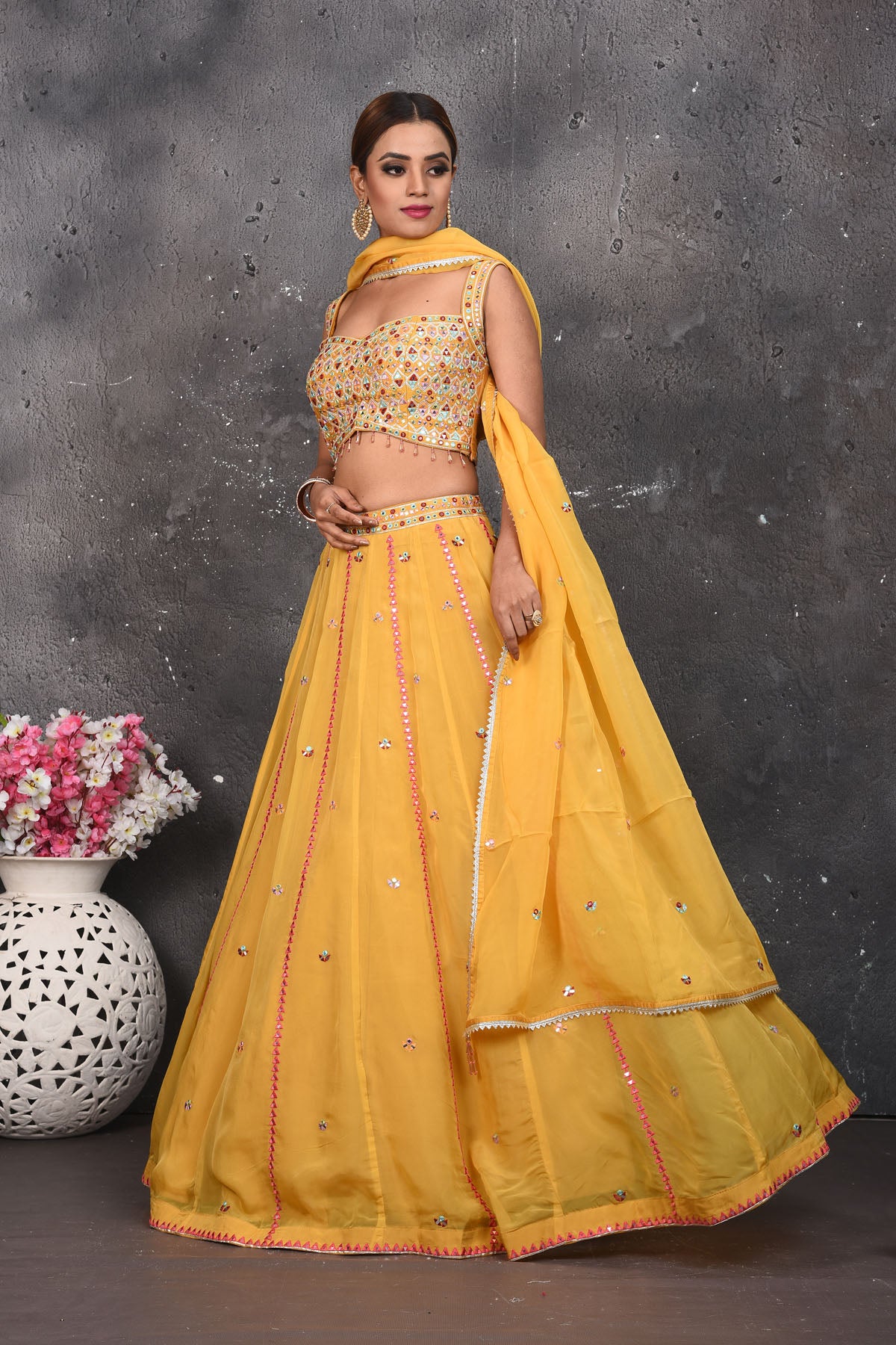 Buy beautiful mustard mirror work designer lehenga online in USA with dupatta. Look your best at weddings and special occasions in exclusive designer lehengas, Anarkali suits, sharara suits. designer gowns and Indian dresses from Pure Elegance Indian fashion store in USA.-dupatta